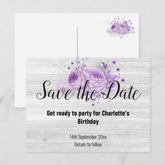 Rustic Whitewash Timber Floral Lila Aankondigingskaart (Voorkant / Achterkant)