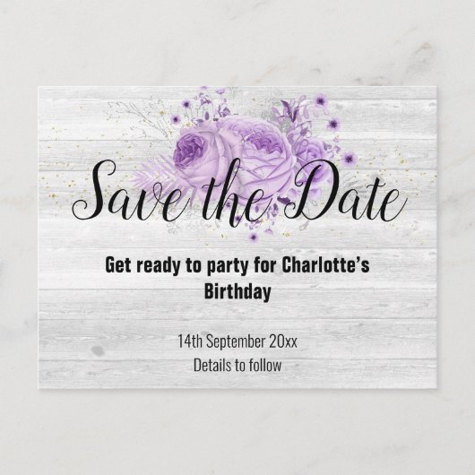 Rustic Whitewash Timber Floral Lila Aankondigingskaart (Voorkant)