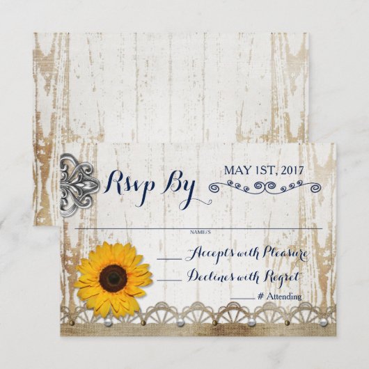 Rustic Whitewood Sunflower Floral Wedding RSVP Kaart (Voorkant / Achterkant)