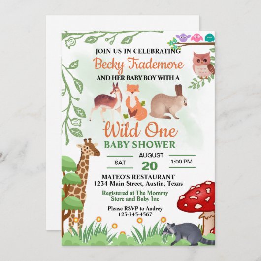 Rustic Wild Animals Baby shower Kaart (Voorkant / Achterkant)