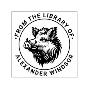 Rustic Wild Boar Head Library Boeknaam Zelfinktende Stempel
