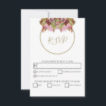 Rustic Wild Flower Bouquet Wedding RSVP Kaartje<br><div class="desc">Dit ontwerp is voorzien van een bijtende wilde bloemendoos. Een simpele gouden cirkel lijst de titel. De roze roze kleurtinten zijn een compliment voor de groene kleur van de bladeren. De goudtonen stropdassen alles samen om een rijke landtuin te creëer. Golden en roze strepen bedekken de achterkant van het ontwerp....</div>
