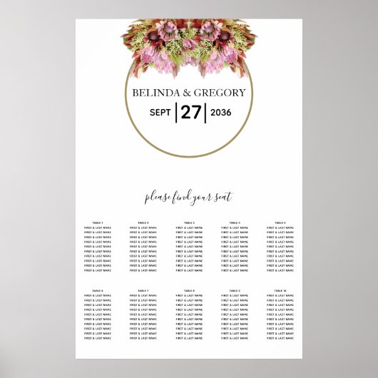 Rustic Wild Flower Bouquet Wedding Seating Chart Poster (Voorkant)