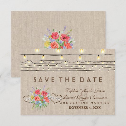 Rustic Wild Flowers Linen Wedding Save the Date (Voorkant / Achterkant)