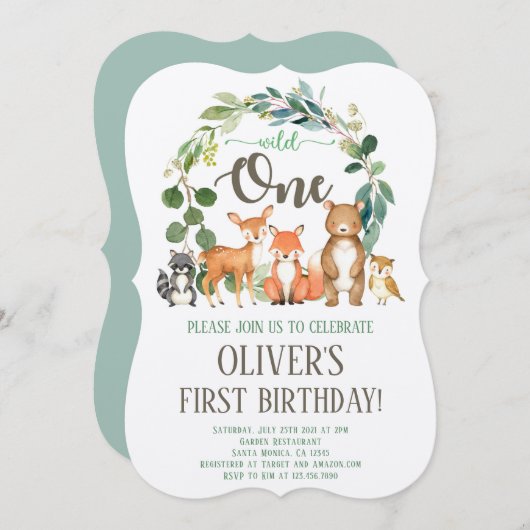 Rustic Wild One Woodland Birthday Invitation Boy Kaart (Voorkant / Achterkant)
