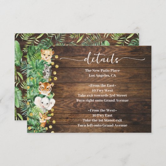 Rustic Wild Safari Animals Baby shower Details Informatiekaartje (Voorkant / Achterkant)