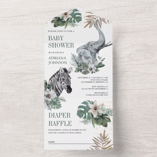 Rustic Wild Safari Zebra en olifant Baby shower All In One Uitnodiging (Binnen)