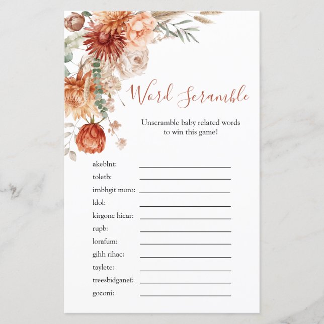 Rustic Wildflower Baby Shower Word Scramble Game (Voorkant)