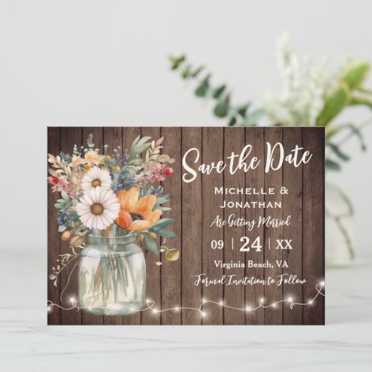 Rustic Wildflower Barn Wood Country Foto bruiloft Save The Date (Staand voorkant)