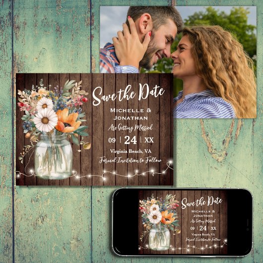 Rustic Wildflower Barn Wood Country Foto bruiloft Save The Date