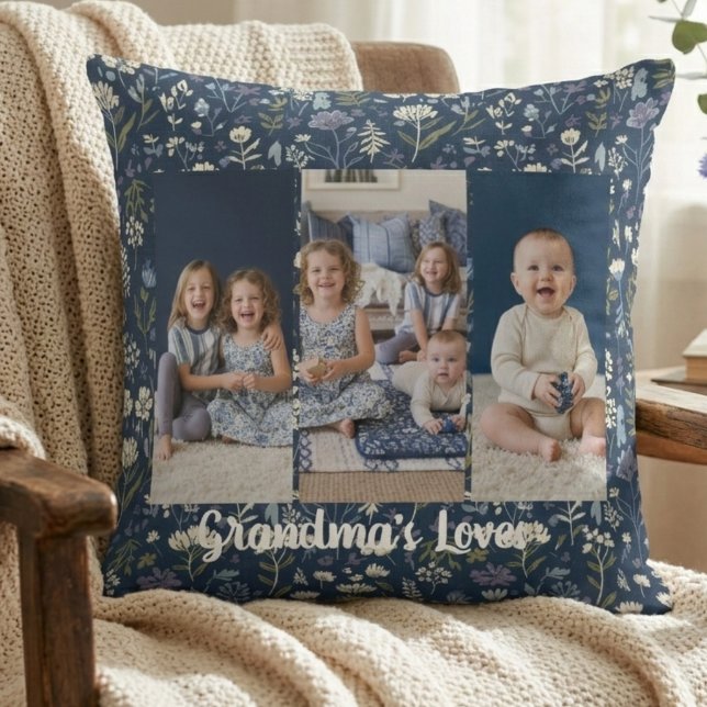Rustic Wildflower Collage – Grandma's Loves Photo Kussen (Rustic Wildflower Collage – Grandma's Loves Photo pillow)
