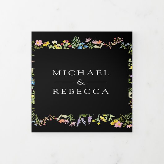 Rustic Wildflower Foto Collage Black Wedding Drieluik Uitnodiging (Cover)