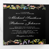 Rustic Wildflower Foto Collage Black Wedding Drieluik Uitnodiging (Binnenzijde eerst)