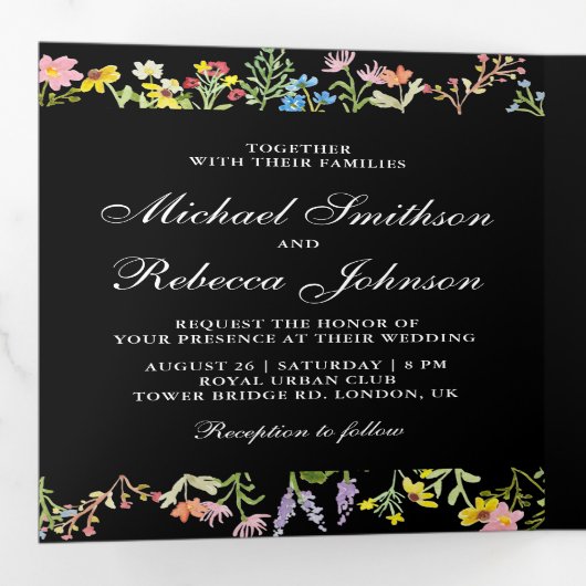 Rustic Wildflower Foto Collage Black Wedding Drieluik Uitnodiging (Binnenzijde eerst)
