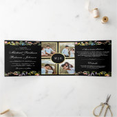 Rustic Wildflower Foto Collage Black Wedding Drieluik Uitnodiging (Binnen)