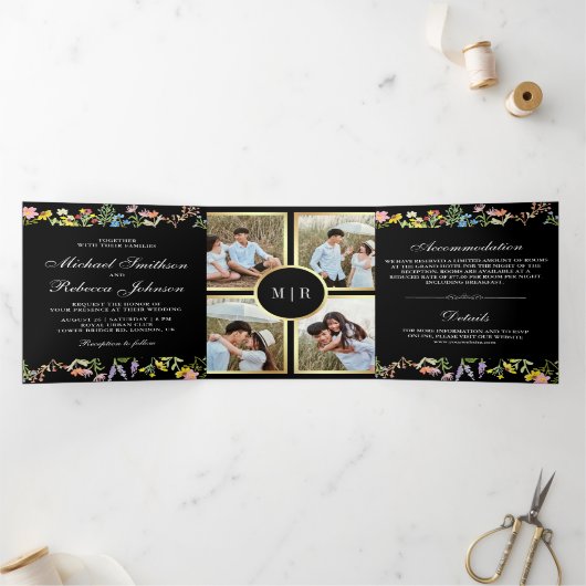 Rustic Wildflower Foto Collage Black Wedding Drieluik Uitnodiging (Binnen)
