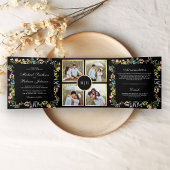 Rustic Wildflower Foto Collage Black Wedding Drieluik Uitnodiging