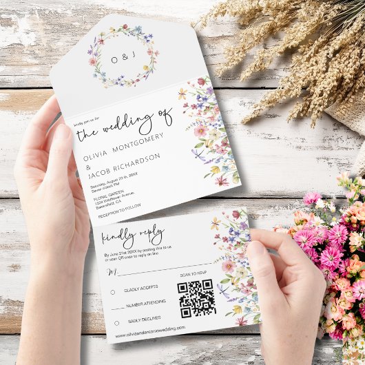 Rustic Wildflower Garden Wedding RSVP & QR-code All In One Uitnodiging