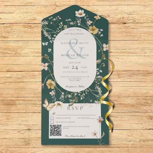 Rustic Wildflower Lijst Emerald Green QR-code All In One Uitnodiging