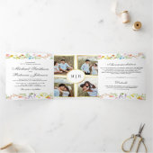 Rustic Wildflower Photo Collage All-in-One Weddens Drieluik Uitnodiging (Binnen)
