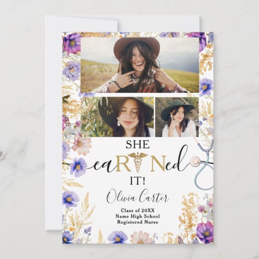 Rustic Wildflower RN Nurse 4 foto's Afstuderen Aankondiging (Voorkant)