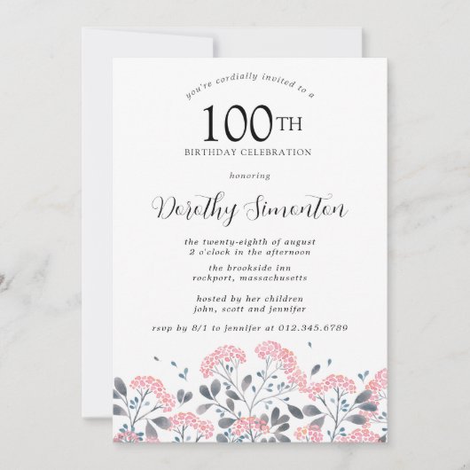 Rustic Wildflower Roze Floral 100e verjaardag Kaart (Voorkant)