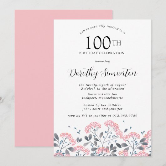 Rustic Wildflower Roze Floral 100e verjaardag Kaart (Voorkant / Achterkant)