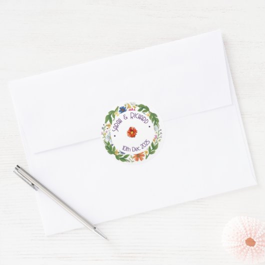 Rustic Wildflower Spring Wedding, Romantic Garden  Ronde Sticker (Envelop)