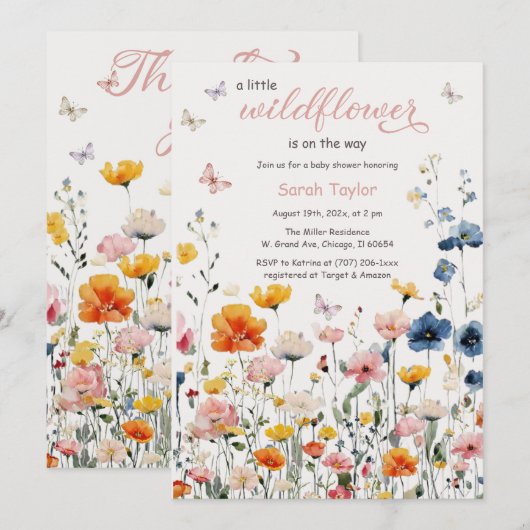 Rustic Wildflower Waterverf Baby shower Kaart (Voorkant / Achterkant)