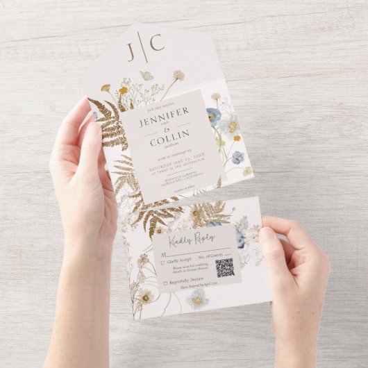 Rustic Wildflowers Monogram Cream QR Code All In One Uitnodiging (Afscheurbaar)