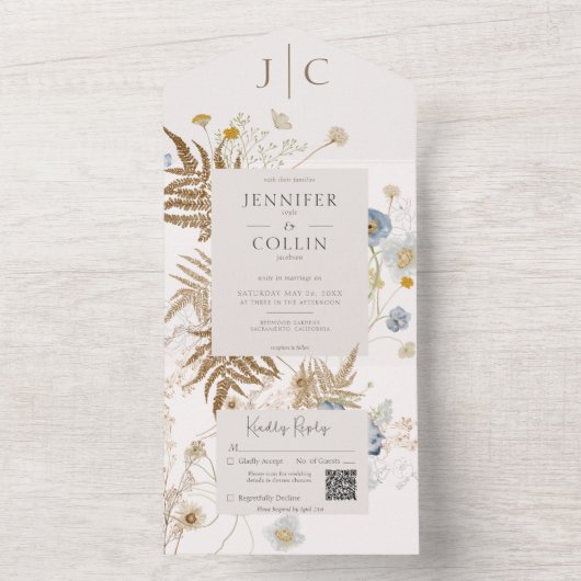 Rustic Wildflowers Monogram Cream QR Code All In One Uitnodiging (Binnen)