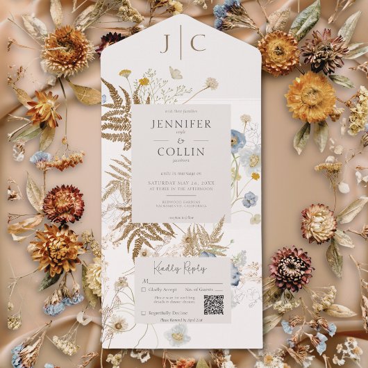 Rustic Wildflowers Monogram Cream QR Code All In One Uitnodiging
