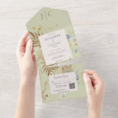 Rustic Wildflowers Monogram Lichtgroene QR-code All In One Uitnodiging (Afscheurbaar)