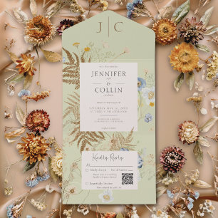 Rustic Wildflowers Monogram Lichtgroene QR-code All In One Uitnodiging