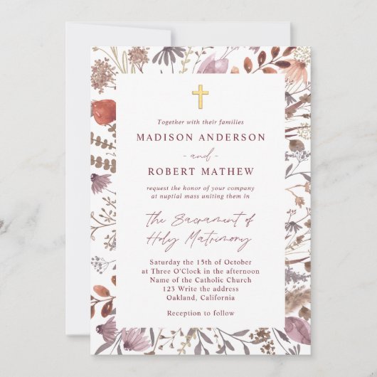 Rustic Wildflowers Photo QR Code Catholic Wedding Kaart (Voorkant)