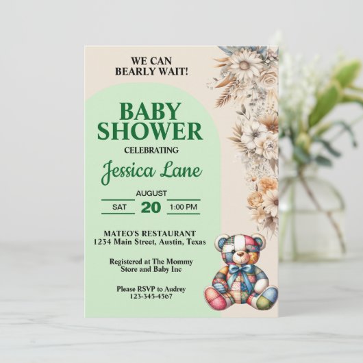 Rustic Wildflowers Teddy Bear Baby shower Kaart (Staand voorkant)