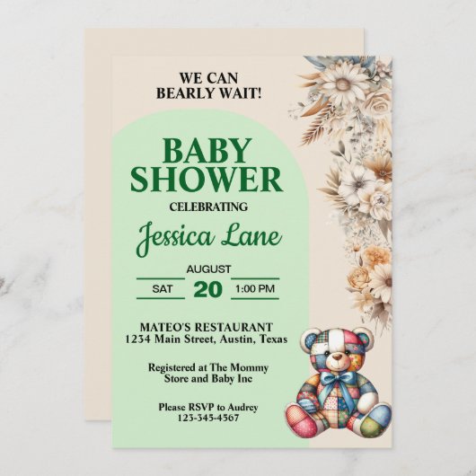 Rustic Wildflowers Teddy Bear Baby shower Kaart (Voorkant / Achterkant)