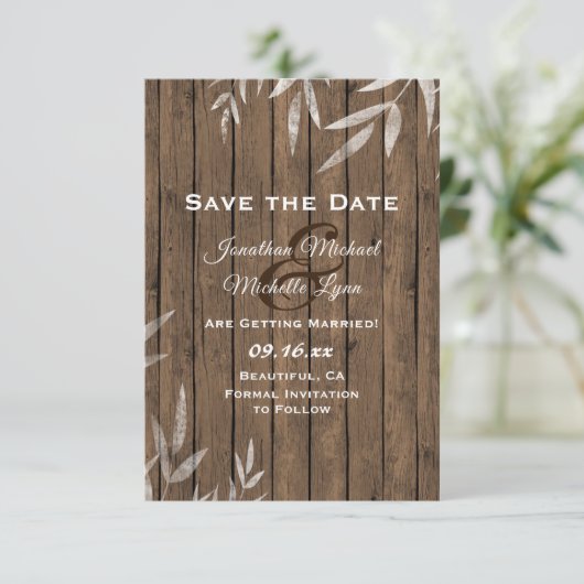 Rustic Willow op houtwuwen Save The Date (Staand voorkant)