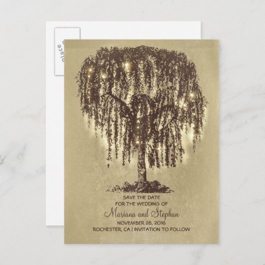 Rustic Willow Tree & String Lights Sla de datum op Aankondigingskaart (Voorkant / Achterkant)