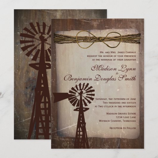 Rustic Windmill Rural Country Wedding Invitations Kaart (Voorkant / Achterkant)