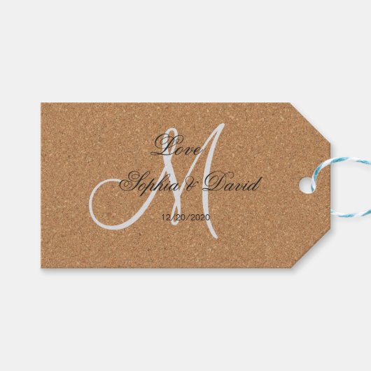 Rustic Wine Cork Wedding Monogram Cadeaulabel (Voorkant (Horizontaal))