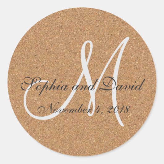 Rustic Wine Cork Wedding Monogram Ronde Sticker (Voorkant)