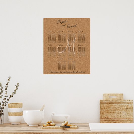 Rustic Wine Cork Wedding Monogram Seating Chart 10 Poster (Keuken)