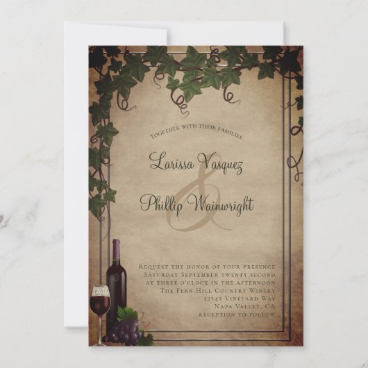 Rustic Winery Vineyard Wedding Invitation Kaart (Voorkant)