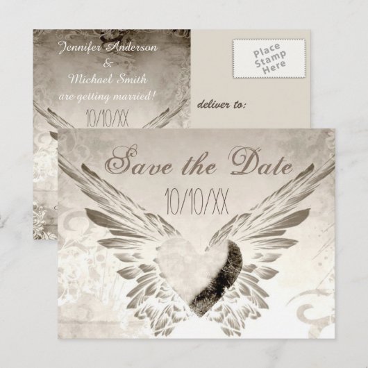 Rustic Wings Angel Heart  Save the Date Aankondigingskaart (Voorkant / Achterkant)