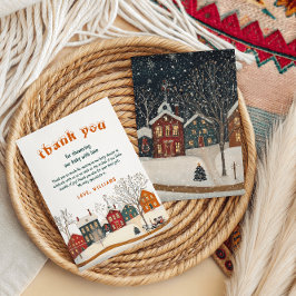 Rustic Winter Baby Shower Snow Village Bedankkaart