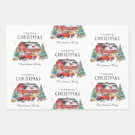 Rustic Winter Barn  Red Farmhouse Truck Inpakpapier Vel