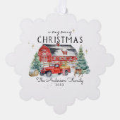 Rustic Winter Barn  Red Farmhouse Truck Ornament Kaart (Voorkant)