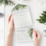 Rustic Winter Berries Pine Cone Greenery All In One Uitnodiging<br><div class="desc">Mooie all-in-one trouwuitnodigingen met handbeschilderde botanische waterverf illustraties van wintergroene,  pijns- en sprottakken,  keien en holbessen. Ideale keuze voor wintervakantie of kerstvakantie-bruiloften.</div>