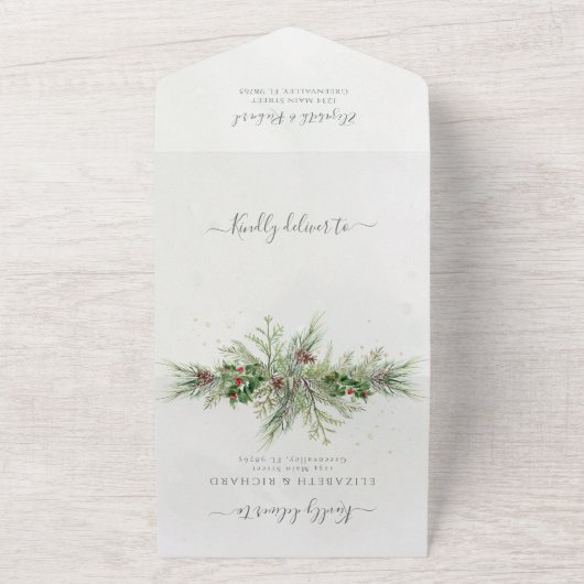 Rustic Winter Berries Pine Cone Greenery All In One Uitnodiging (Buitenkant)